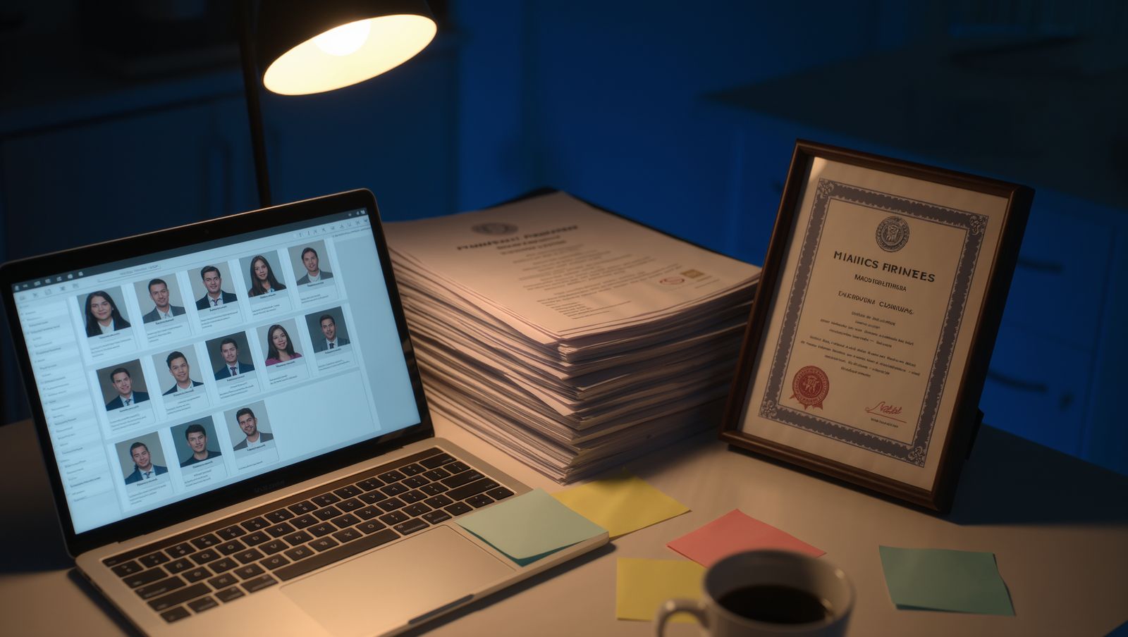 A hiring manager's desk with a stack of résumés, candidate cards on a laptop and a framed certificate